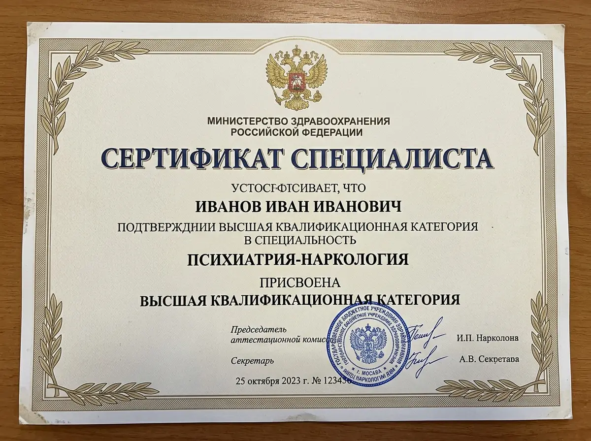 Сертификат специалиста врача-психиатра-нарколога высшей категории, официальный документ с гербом и печатью организации здравоохранения